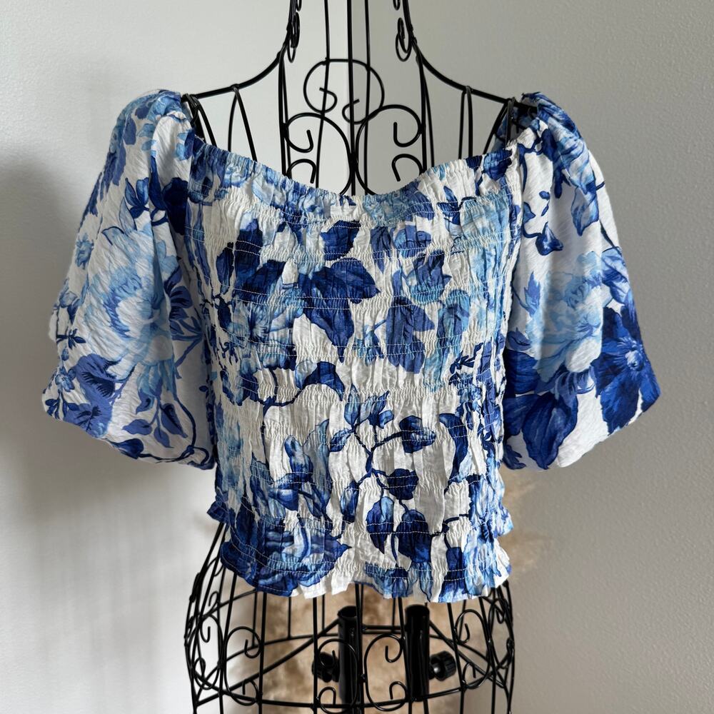 H&M Blue Floral Off The Shoulder Puff Sleeve Smocked Blouse Small
